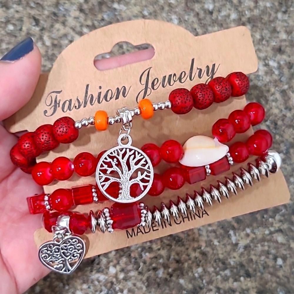 Silver-Plated Beaded Charm Bracelet in Red
